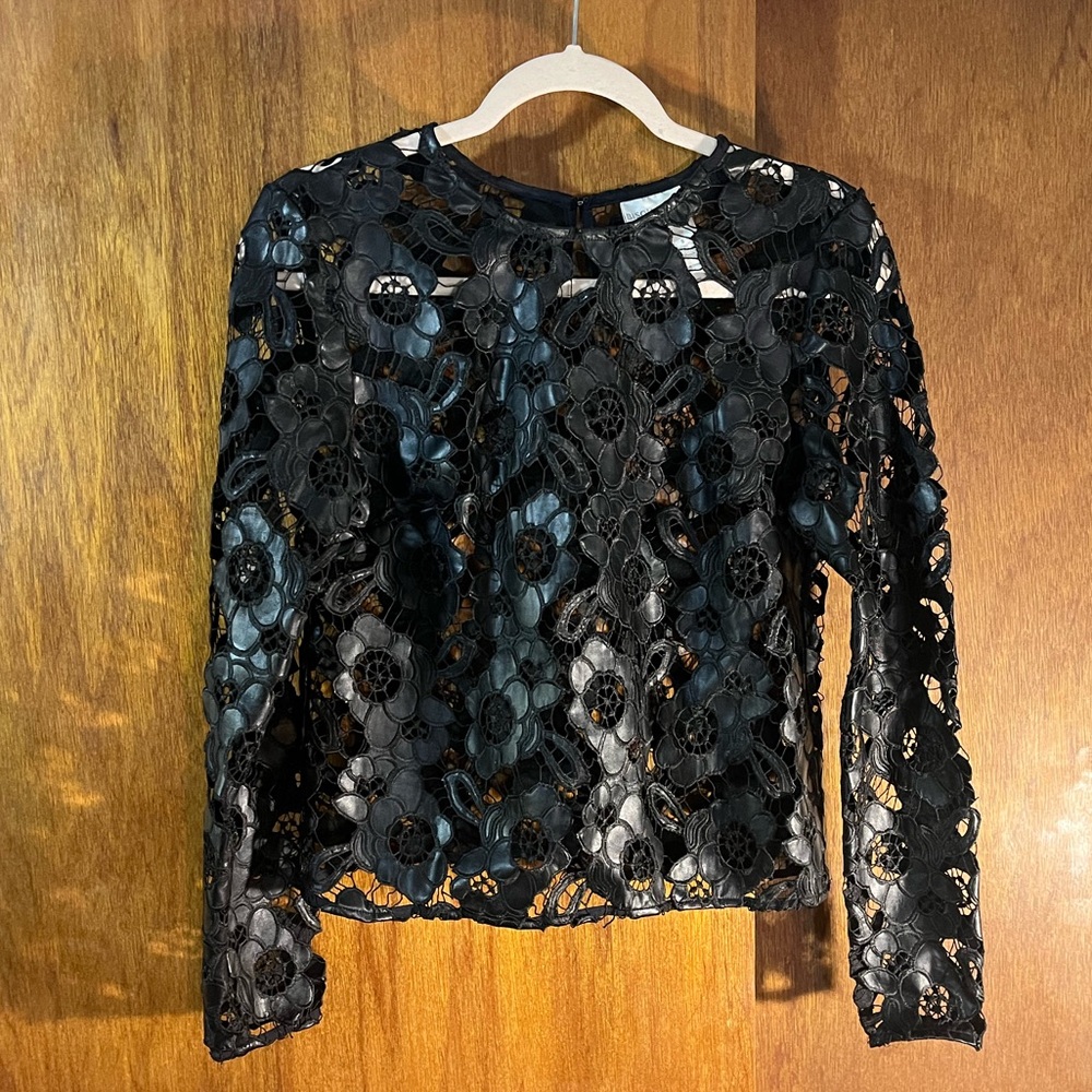 BISOU BISOU Faux Leather Black Floral Cut-Out Top Sz S